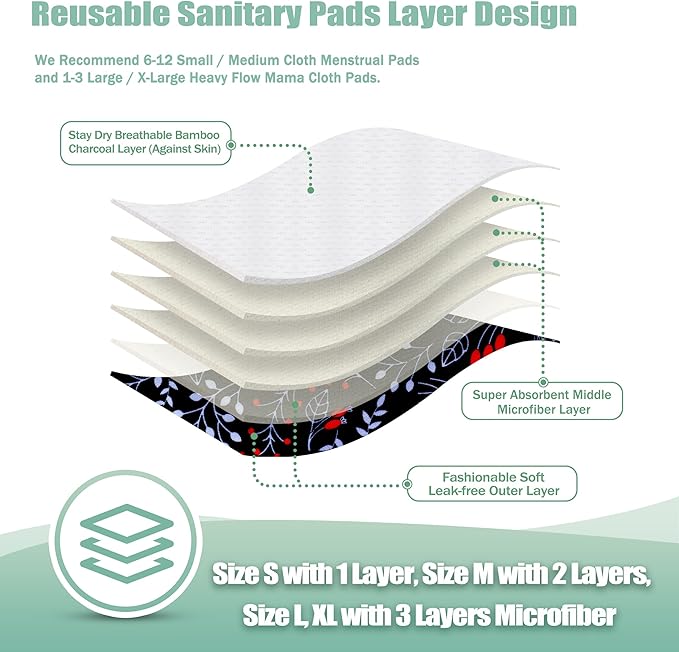 wegreeco Reusable Menstrual Pads - Reusable Sanitary Pads | Reusable Panty Liners | Soft Cloth Menstrual Pads - 6 Pack with 1 Cloth Wet Bag (X-Large, Summer Flowers)