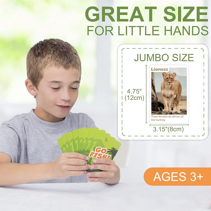 BenBen Go Fish Card Game for Kids, 104 Picture Cards, Jumbo Size, Safari Animal Learning Playing Cards, Memory Matching Games with Real Photos Fun Facts, 2-8 Players, Easter Basket Stuffers