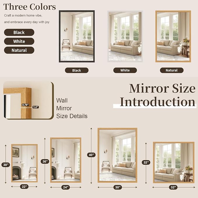 Syndra Natural Wood Frame Bathroom Mirror, 24x36'' Modern Vanity Mirror