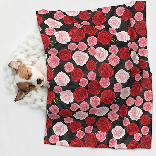 Double Sided Pet Bed Blanket for Added Cushion Warmth, Black White Stripes Red Rose Flowers, Reversible Cover with Textured Dot Surface for Existing Beds Standalone Mat