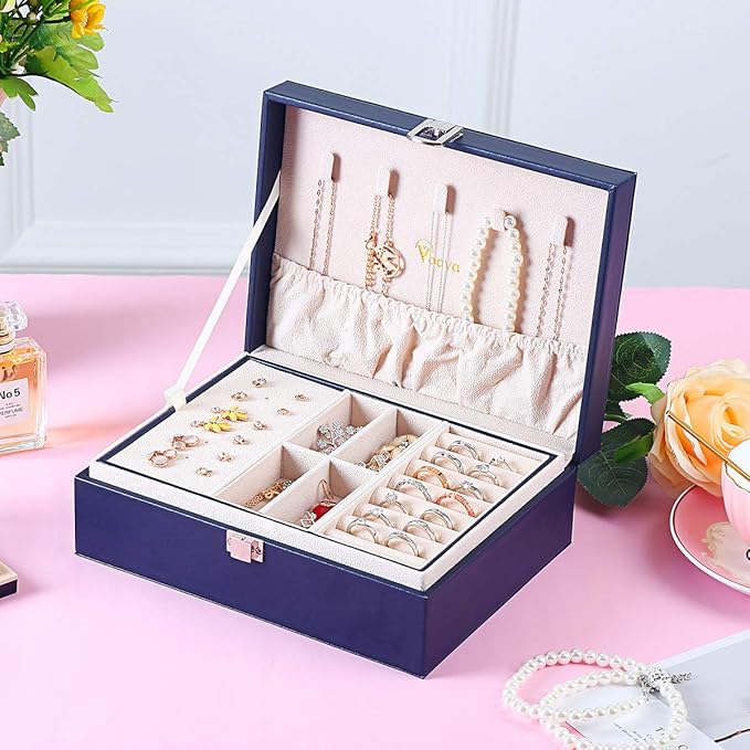 Voova Jewelry Box Organizer for Women Girls, 2 Layer Large Men Jewelry Storage Case,PU Leather Display Jewellery Holder with Removable Tray for Necklace Earrings Rings Bracelets，Vintage Gift，Navy Blue