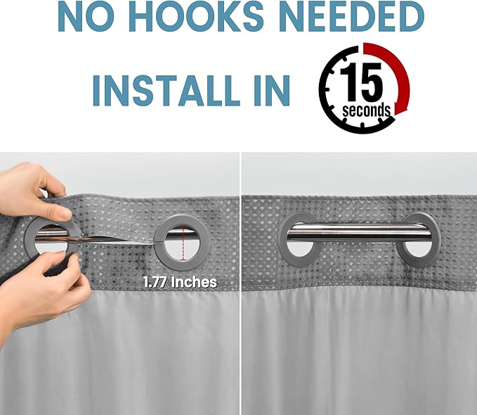 Stall No Hook Shower Curtain with Snap in Liner,230GSM Waffle Weave Shower Curtains for Bathroom,60W x 74H,Grey