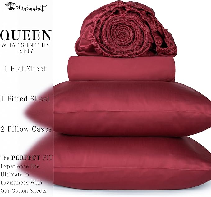 URBANHUT 1000 Thread Count Queen Bed Sheets Egyptian Cotton Sheet Set, Long Staple Soft & Breathable, 4 Pc Bed Sheet Sets, Luxury Hotel Sateen Sheets Fits 16" Deep Pocket - Burgundy