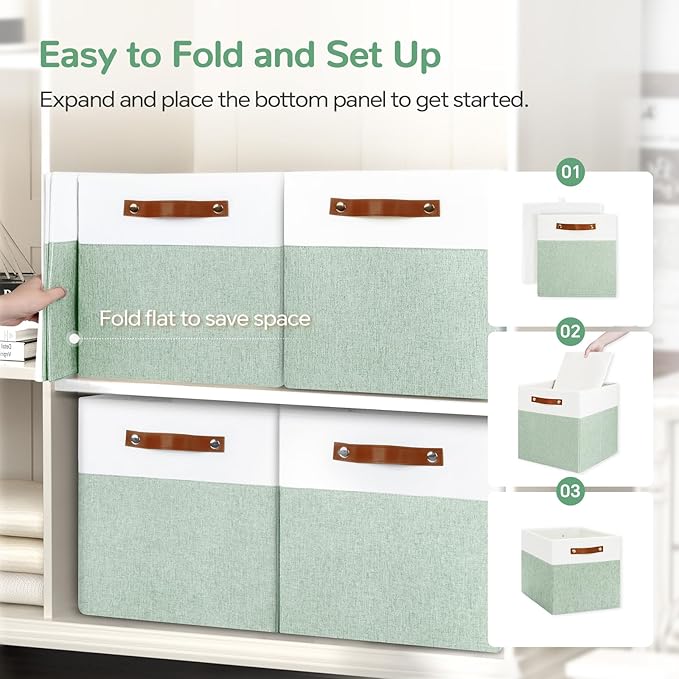 13x13 Storage Cubes 4-Pack, Large Foldable Fabric Cube Storage Bin with Reinforced Bottom and Labels, Organizer Baskets for Shelves, Closets(White/Green)