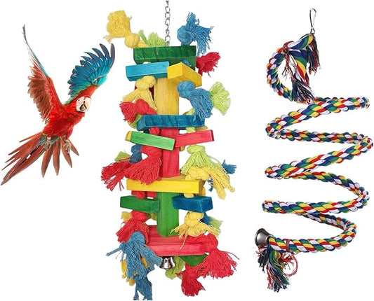 Bird Toys for Parrots – Parrot and Parakeet Chew Toys with Wooden Blocks, Climbing Stand, Hanging Bird Cage Accessories for Large Birds, Macaws, Cockatoos, Parrot Cage Use