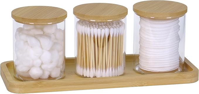 Qtip Holder with Vanity Tray, 3 Pack Glass Apothecary Jars with Lids, Bathroom Accessories Canisters Organizers Jars Containers for Cotton Ball Round Swab Pad Hair Ties Floss Perfume Jewelry