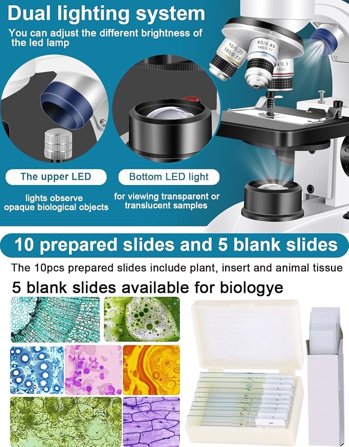 Microscope for Adults WF10x and WF25x Eyepiece | Woehrsh Microscopes 40X-2000X Magnification USB Camera, Microscope for Adults Suitable for Laboratory School