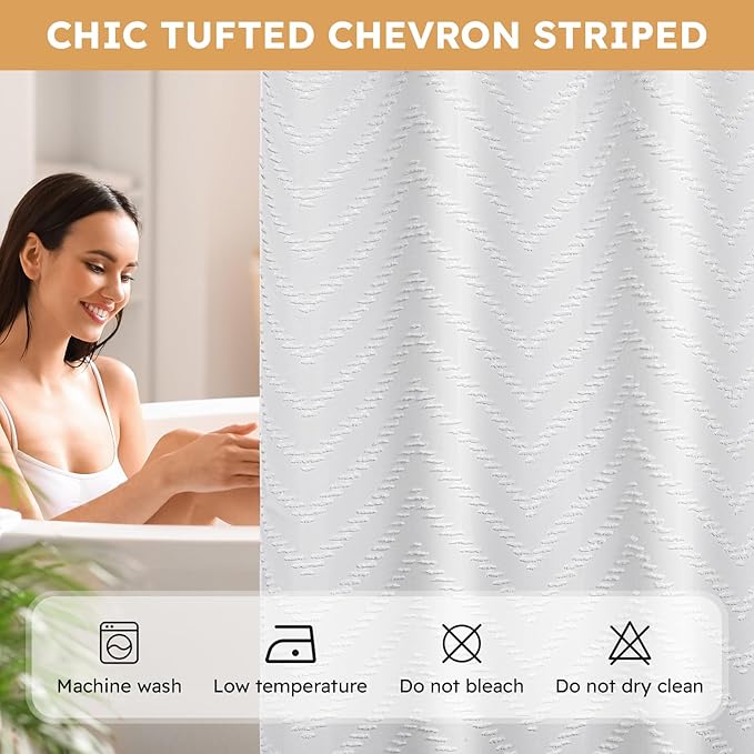 No Hook Shower Curtain and Snap in Liner Set White Tufted Chevron Striped Cloth Waterproof Washable Fabric Boho Farmhouse Bath Curtain See Through Mesh Top Window for Bathroom Hotel 71" x 86"