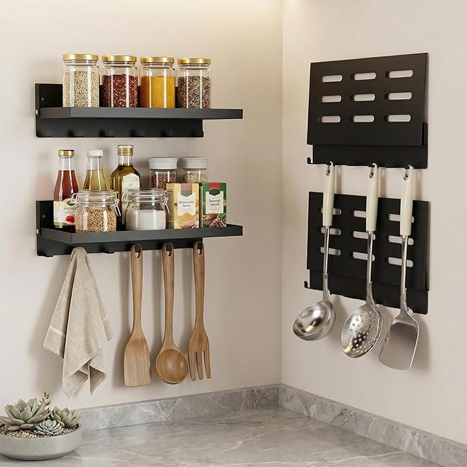 2 Pack Black Folding Wall Shelf with Hooks, Fold Down Wall Mounted Shelf – Space Saving 90° Foldable Shelves for RV, Camper, Bathroom, Kitchen, Garage, Laundry & Utility Room Storage (12”x6”)