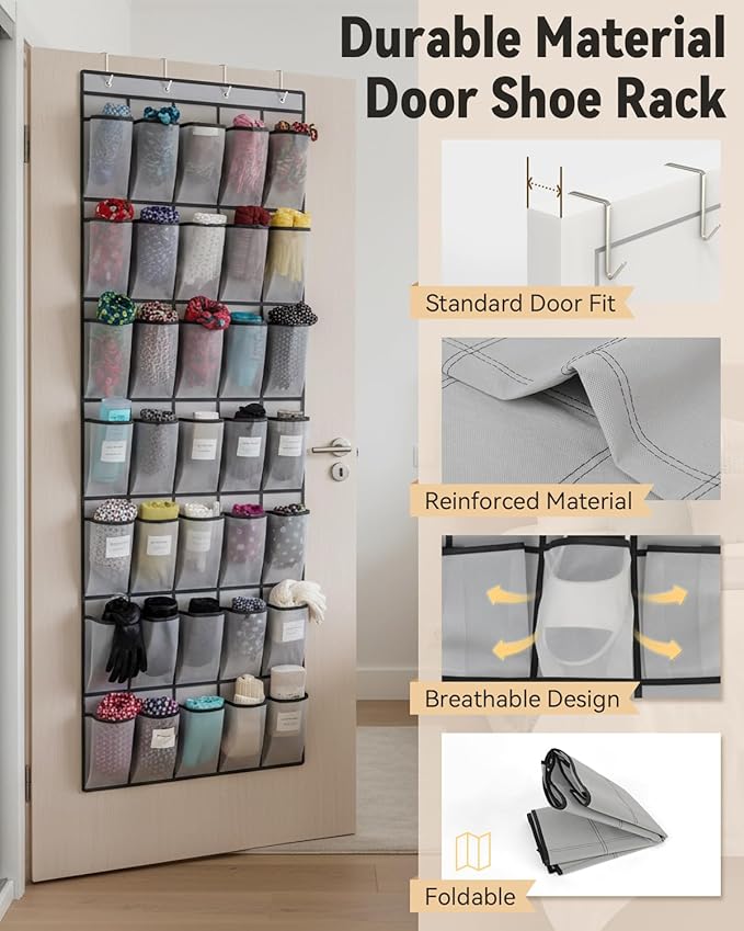 dodowin Over the Door Shoe Organizers, 2 Pack (24 & 40 Pockets) - Hanging Shoe Rack with 4 Metal Hooks, Space Saving Foldable Storage for Closet Door, Gray