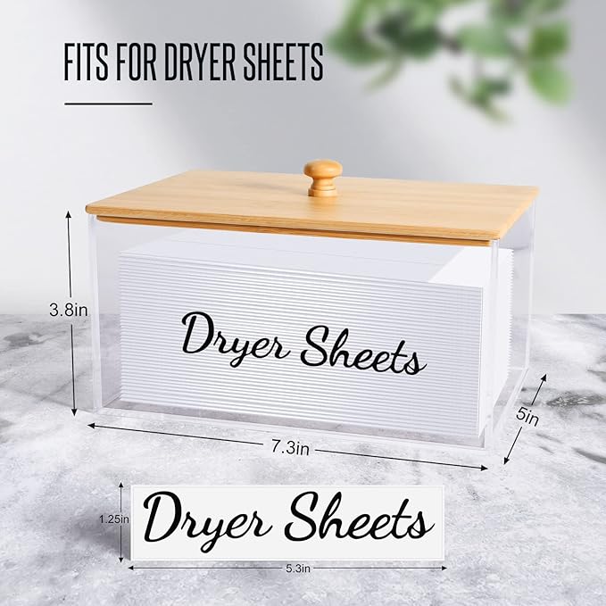 JYPS Clear Acrylic Dryer Sheet Holder with Bamboo Lid & Labels, Fabric Softener Dispenser for Laundry Room Organization Decor, Bathroom Storage Container Box, for Scent Booster,Powder,Pods