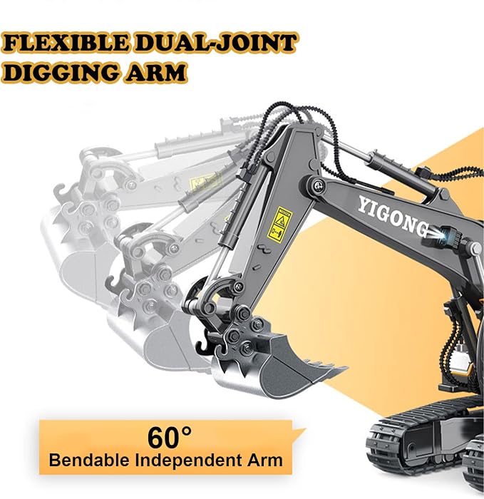 Remote Control Excavator 11 Channel RC Excavator Truck Toys 1/20 Scale 2.4Ghz Construction Vehicles with Metal Shovel 680° Rotation for Kids Boys Age 4-7 8 9 10 Year Old (Yellow)