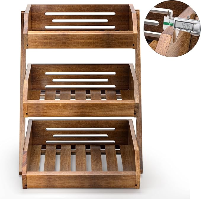 G.a HOMEFAVOR Fruit Basket: 3-Tier Acacia Wood Fruit Bowl for Kitchen, Fruit Stand Storage Holder for Vegetables and Snack Home Kitchen Countertop Organizer (Self-assembly)