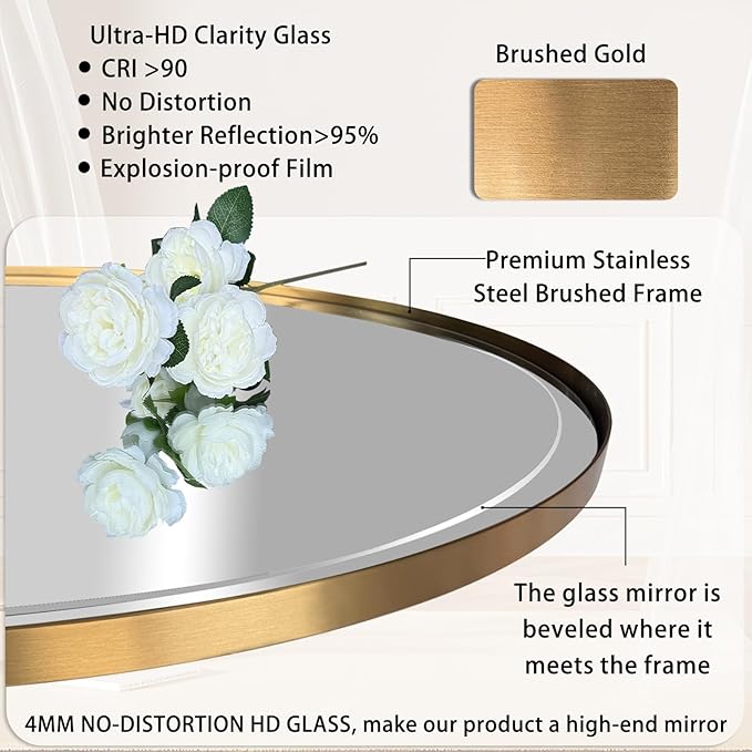 POZINO Vanity Beveled Mirrors, 22"x30" Oval Mirror for Over Sink, Modern Brass Mirror with Stainless Steel Frame, Brush Gold Rounded Mirrors for Bathroom Bedroom Living Room, Horizontal Or Vertical ﻿