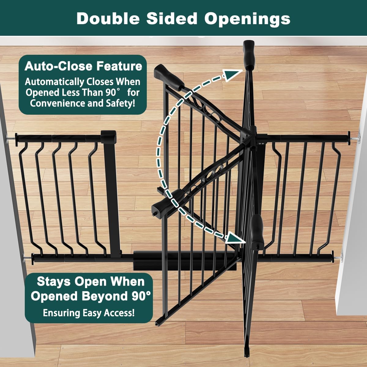 29.53"-43.30" Mornyray Auto-Close Baby Gate Extra Wide, Pressure Mounted Dog & Pet Gate for Stairs Doorways, No Drill Safety Barrier with Lace Design, Metal Child Proof Gate Indoor Outdoor, Black