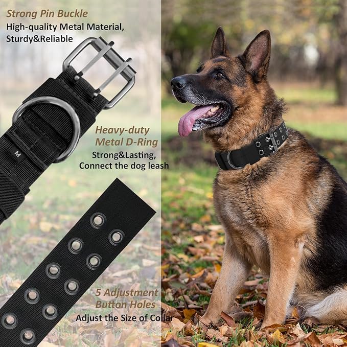 Tactical Dog Collar Military Adjustable Dog Collars Soft Nylon Training Collar with Patch Heavy Duty Metal Buckle Collars for Medium Large Dogs (Black, L)