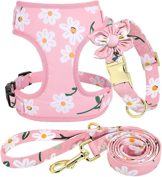 Beirui Cute Girl Dog Collars, Harnesses & Leashes Set - Adjustable Dog Collar and Leash Set with Flower - Soft Mesh Dog Vest Harness for Puppies Small Medium Dogs (Pink-1,XS)