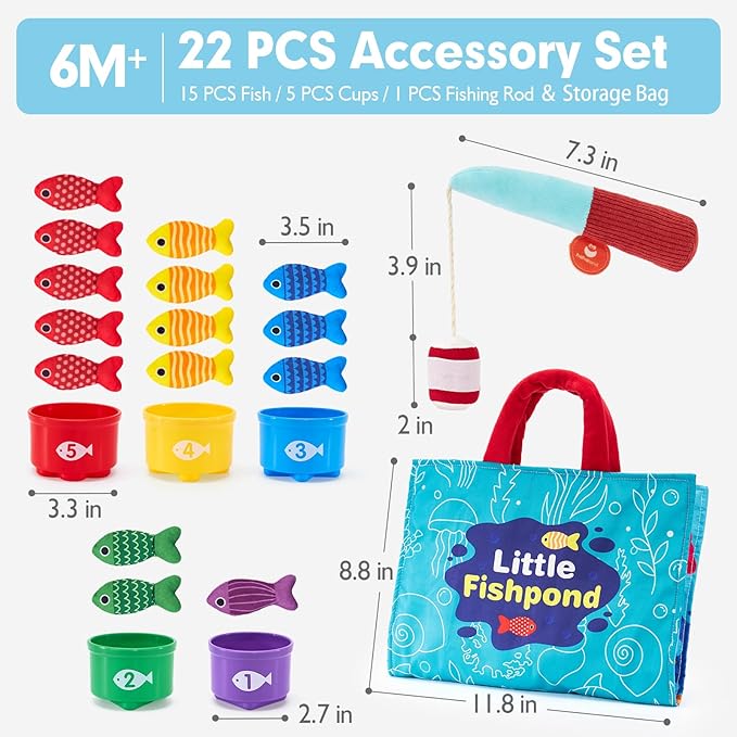 hahaland Montessori Toys for 1 Year Old - 10 in 1 Cloth Toddler Fishing Game with Stacking Cups, Baby Toy 12-18 Months One Year Old Boy Birthday Gift, Toddler Toys for 1 2 Year Old Boy Girl Gifts