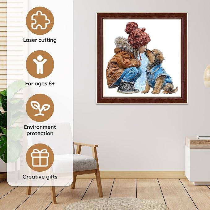 MEATRN Wooden Puzzles for Adults, Animal Wood Jigsaw Puzzles, 509 Pcs | Cute Little Girl Kissing Puppy, Heartwarming Parent-Child Game, Birthday Gift for Kids Home Decor, 16.8x17 in