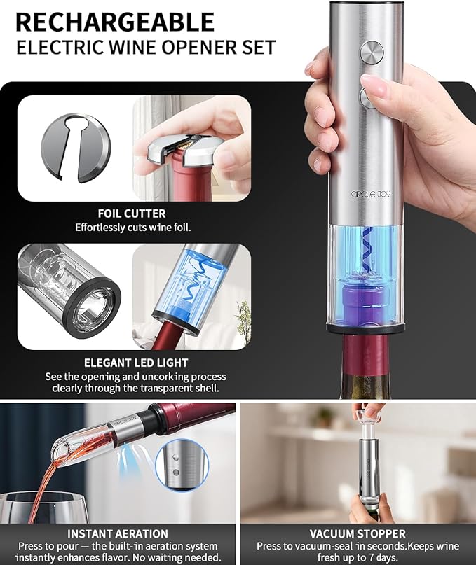 CIRCLE JOY Electric Wine Bottle Opener Set Stainless Steel Rechargeable Wine Opener 8-in-1 Wine Gift Set with Charging base, Foil Cutter, Wine Aerator Pourer, Vacuum Pump & 2 Wine Stoppers, Silver
