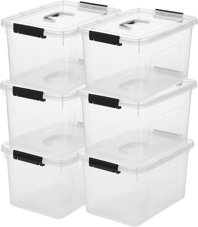 Clear Storage Latch Box 12 Quart, Plastic Organizing Box/Bin with Lid and Black Handles, 6-Pack