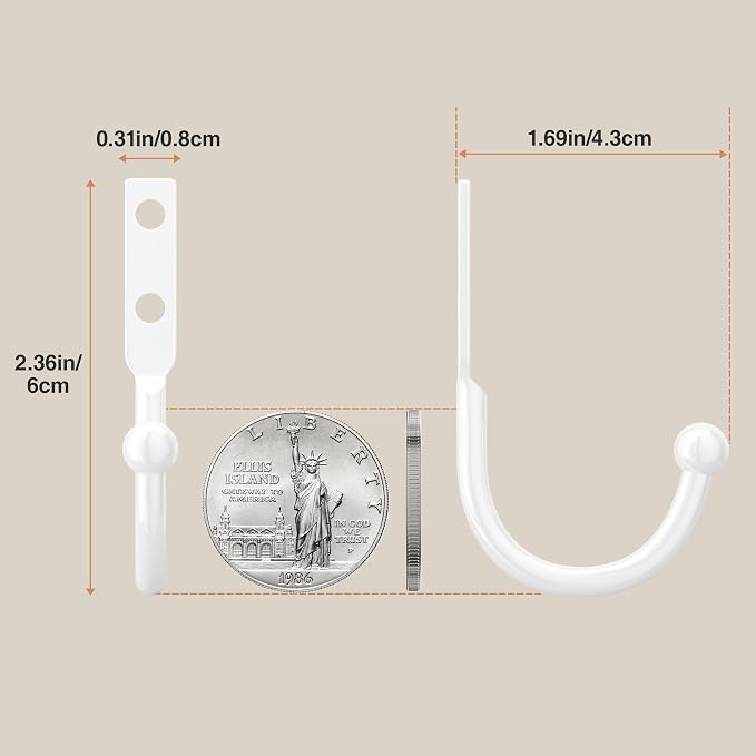 6 Pack Wall Hooks，Metal Hooks Hold up to 45 Lbs，Hooks Wall Mount