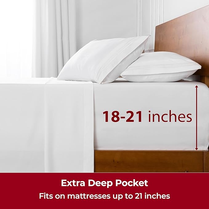 Mellanni Extra Deep Queen Sheets - 4 PC Iconic Collection Bedding - Hotel Luxury, Ultra Soft, Cooling Bed Sheets - Wrinkle, Fade, Stain Resistant (Queen, White)