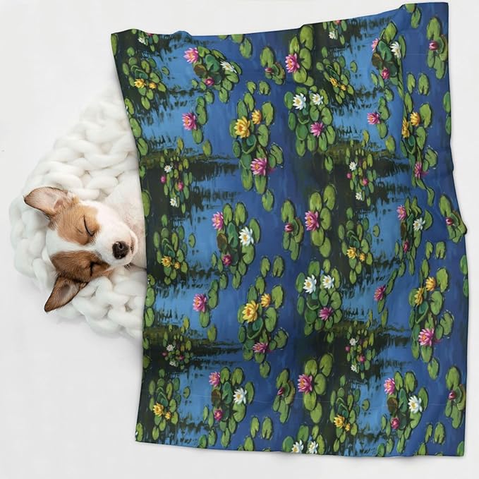 Two Sided Plush Pet Blanket for Crates Carriers Home Use, Water Lilies Monet Painting, Reversible Throw with Cozy Dot Fabric and Silky Reverse for Small Large Pets