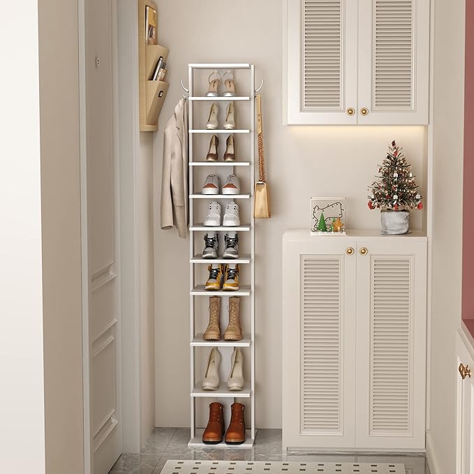 HOMEFORT 10-Tier Vertical Shoe Rack, Corner Shoe Tower, Slim Shoe Organizer with Two Hanging Hooks, Wooden Shoe Storage Stand for Entryway, Hallway, Closet (White)