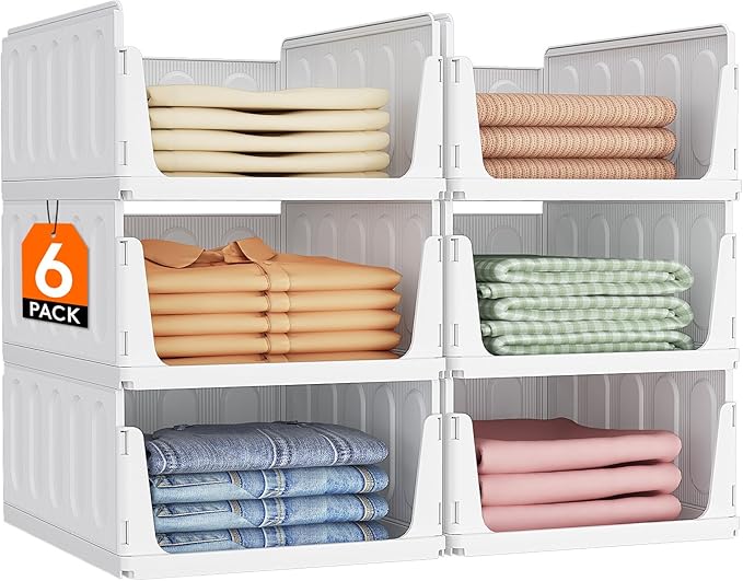 Lifewit Stackable Closet Organizers and Storage Basket for Clothes, Plastic Sweater Storage Bins for Wardrobe, Multifunctional Pants Organizer for RV, Pantry, Bathroom, Kitchen, Dorm, 24L, 6 Pack