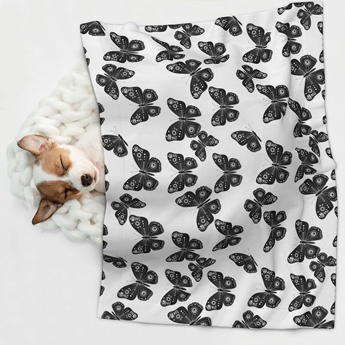 Double Sided Pet Mat for Dog Bed Topper Cat Blanket Furniture Protector, Butterflies Black and White, Reversible Plush with Tactile Dot Pattern for Style Change