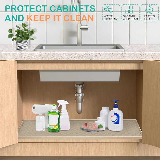 Waterproof Under Sink Mat 31" x 22", Silicone Cabinet Liner, Rubber Protector for Kitchen and Bathroom, Keeps Cabinets Clean, Dry, and Organized (Khaki)