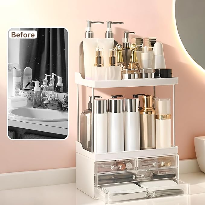 Bathroom Organizers and Storage, 5-Tier 4-Drawer Makeup Organizer Countertop, Multi-Purpose Large Makeup Vanity Organizer, Hair Product, Perfume & Skincare Storage, White