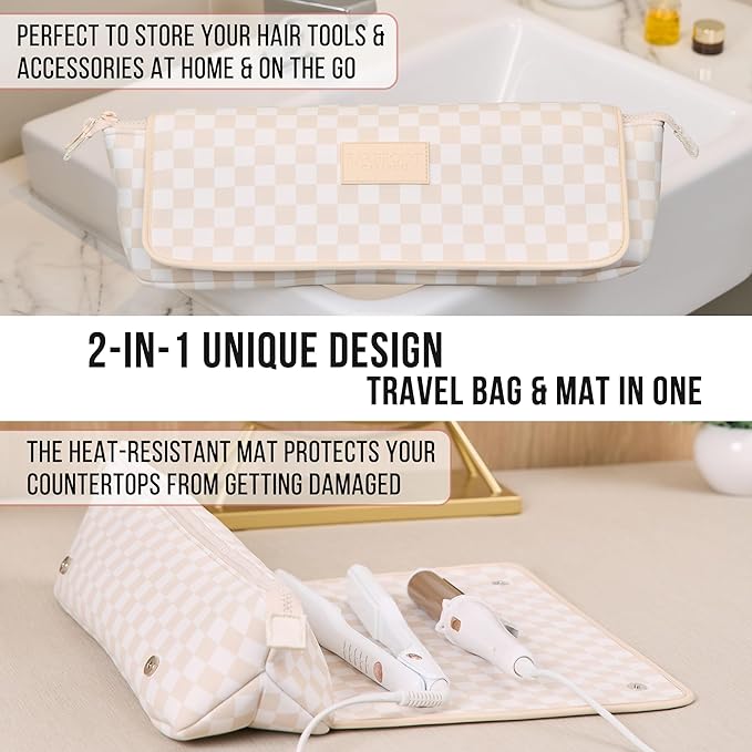 BAREFOOT CARIBOU Hair Tools Travel Bag and Heat Resistant Mat for Flat Irons, Straighteners, Curling Iron, and Haircare Accessories, 2-in-1 design, with Interior Pockets, Portable Organizer