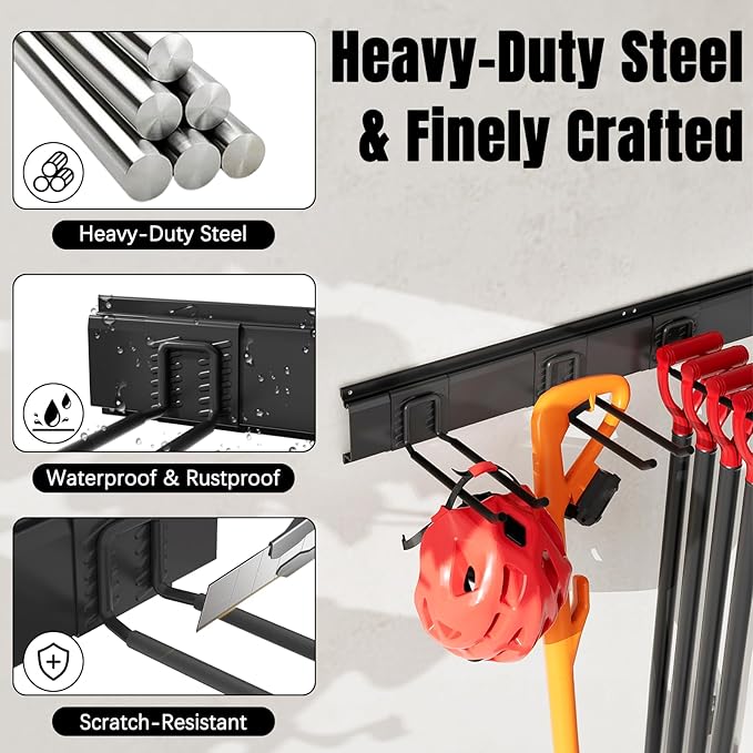 Garage Garden Tool Organizer Wall Mount, Heavy Duty Garage Tool Storage Rack 32 Inches, Max Load 220lb - Shovel, Rake, Folding Chair, Weed Eater Storage