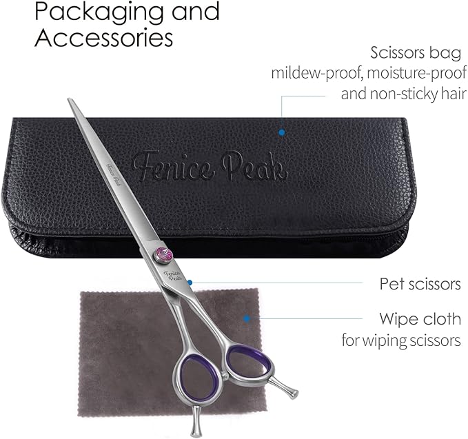 Fenice Peak 8'' Straight Dog Grooming Scissors with Decorative Screw Professional 440C Stainless Steel Metallic Pet Trimming Shears with Offset Handle Durable and Sharp