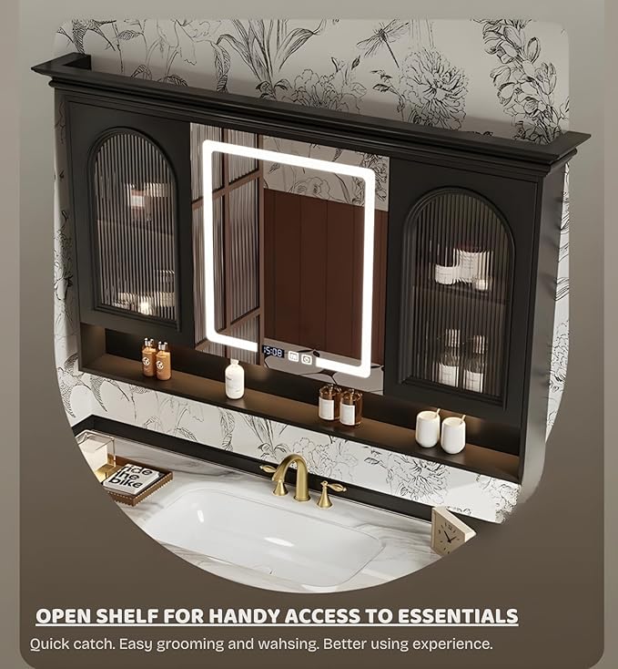 Freestanding Bathroom Vanity with Sink, Solid Wood Bathroom Vanity Set, Vintage Bathroom Vanities with Large Capacity Storage Cabinet and Open Shelf, Elegant Vanities (Black,88")
