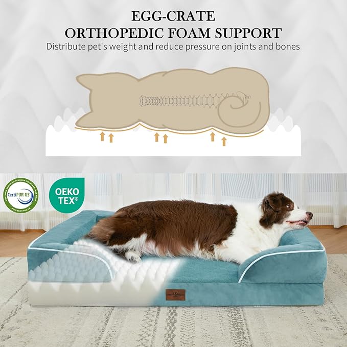 Comfort Expression Orthopedic Dog Bed for Medium Dogs 28x19 Inch, Waterproof Egg Crate Foam Medium Pet Bed with Removable Bolsters, Dog Couch with Washable Cover & Non-Slip Bottom, Washed Blue