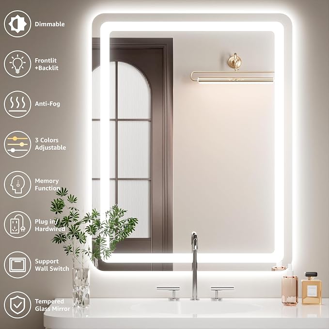 Led Bathroom Mirror with Lights, Anti-Fog & Tri-Color Lighting