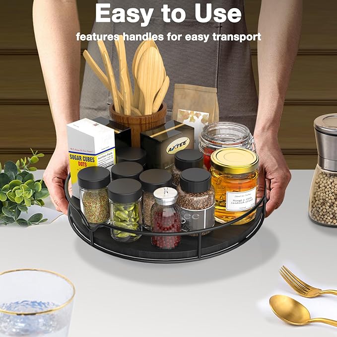 Lazy Susan Turntable Organizer with Anti-Slip Mat for Cabinet Pantry Kitchen Countertop Refrigerator Office, Pine Wood, 13", Black