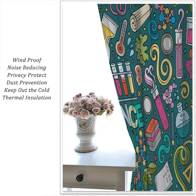 Science Symbols Kids Curtain Sketches Cartoon Chemistry Physics Geometry Education Pattern Print Window Drapes for Bedroom Living Room Kitchen Decor,2 Panel Set,72x63 Inch Blackout