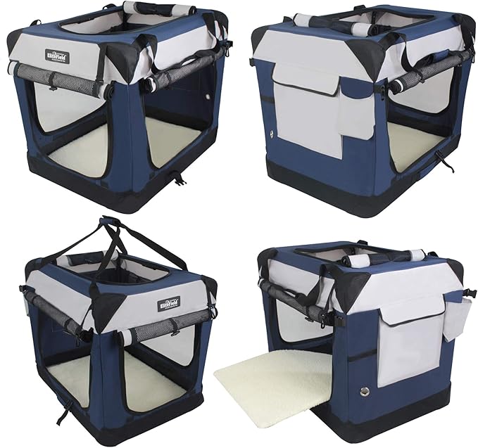 EliteField 4-Door Folding Soft Dog Crate with Curtains, Carrying Bag and Fleece Bed (2 Year Warranty), Indoor & Outdoor Pet Home (30" L x 21" W x 24" H, Navy Blue+Gray)