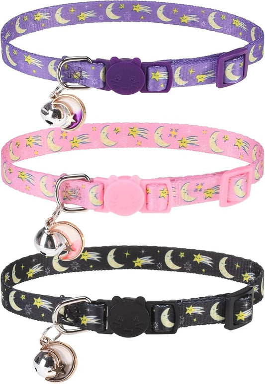Breakaway Cat Collars with Bell & Cute Pendants, 3 Pack Safety Buckle Kitten Collars, Adjustable Pet Collar Ideal for Girl Boy Cats Puppy (Moon&Star)