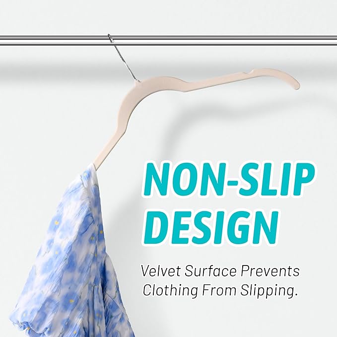 Premium Velvet Shirt Hangers 50 Pack, Non-Slip 360° Swivel Hook Slim Flocked Coat Hanger, Space Saving Felt Hanger for for Tank Top, Blouses, Strappy Dresses(Beige)