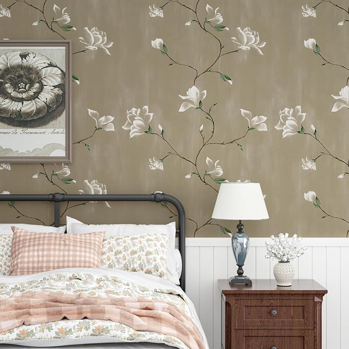 Laatse Floral Wallpaper Peel and Stick 17.5" x 393" Khaki Floral Contact Paper