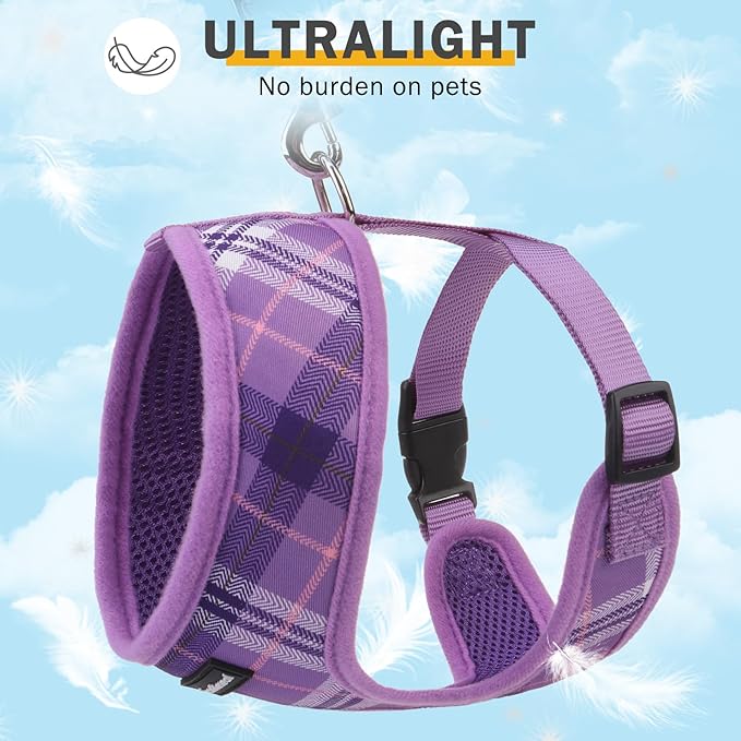 SCENEREAL No Pull Dog Harness Collar and Leash Set Small Medium Sized Dog, Soft Mesh Puppy Harnesses, No Chock Plaid Adjustable Pet Vest for Outdoor Walking Training and Running, Purple S