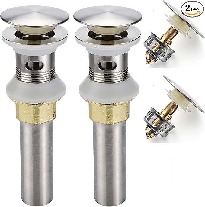 Rockgoya Bathroom Sink Drain,2 Pack Drain Stopper Bathroom Sink with Overflow,Pop Up Drain Assembly with Detachable Strainer Basket,Built-in Anti-Clogging Strainer,Stainless Steel Brushed Nickel