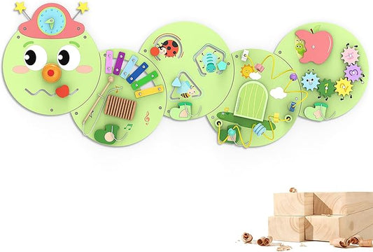 BlueWood Wooden Wall Busy Board Panels, Toddler Learning Activity Center, Montessori Philosophy Sensory, Educational Toys, Conducive to All-Round Development - Caterpillar