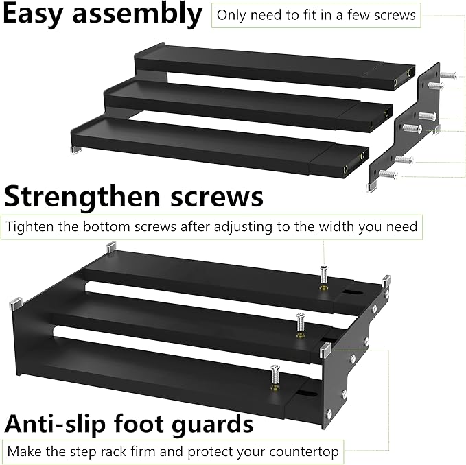 Jojocross Spice Rack Organizer 3 Tier Expandable Display Shelf(12.8"-24.01" W) Non-Skid Heavy Duty Sturdy Metal Iron Alloy Steel Step Racks 2 Packs/Black