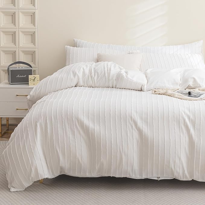 JELLYMONI Duvet Cover Full Size White - 3PCS Boho Striped Duvet Cover Set Polyester Tufted Bohemian Textured Comforter Cover 80×90in with Corner Ties & Zipper and 2 Pillowcases